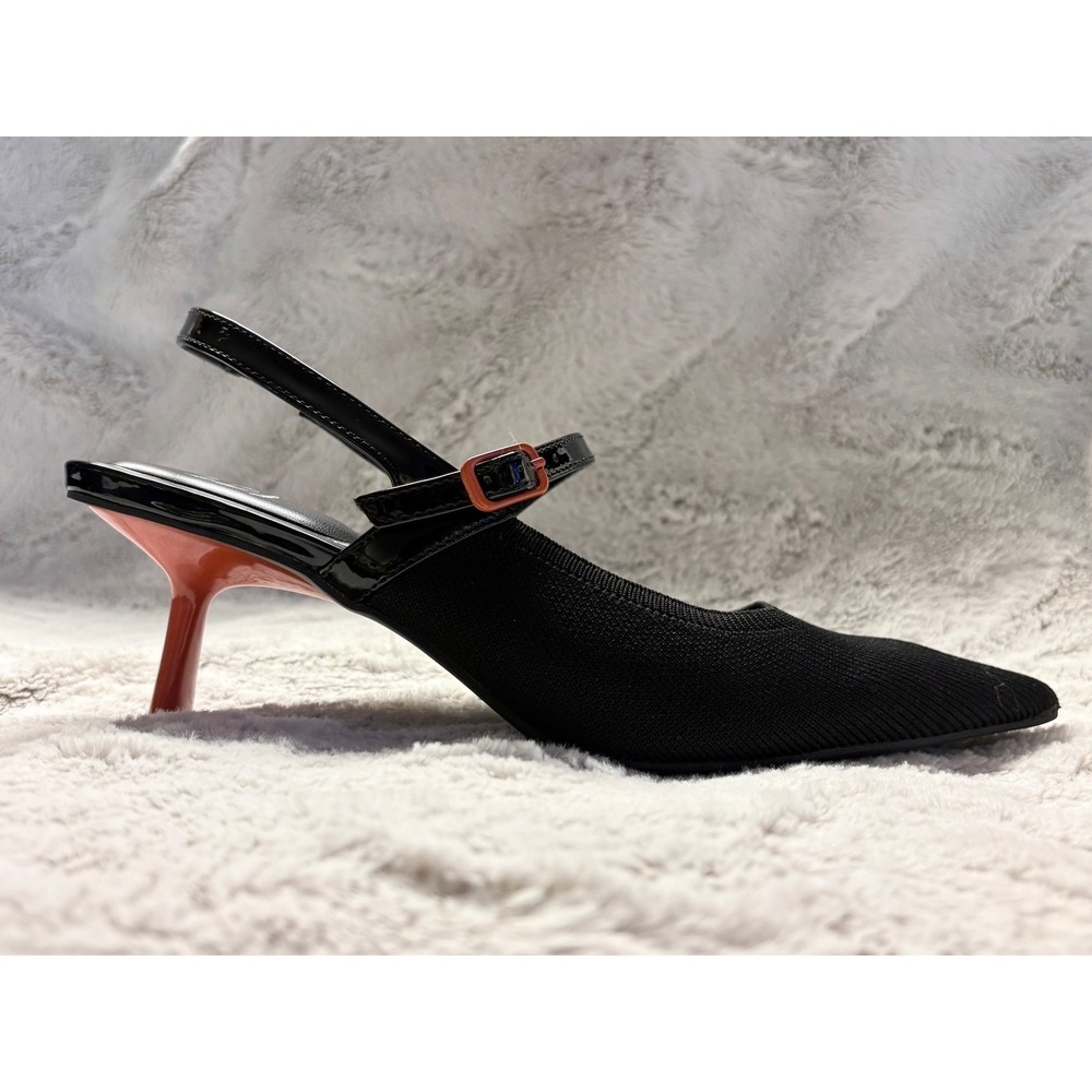 Cosy Island Knit Fabric Black Pointed Toe Slingback Heels Orange Stiletto Sz 6.5